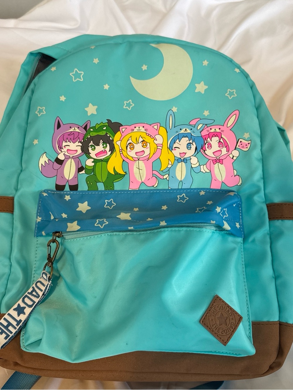 Kids Turquoise Character Backpack with Moon and Stars Print
